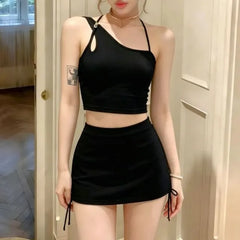 Set: Halter Plain Cutout Drawstring Swim Dress + Bikini Bottom