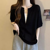 Mock Two-Piece Elbow-Sleeve Notch Neck Two Tone T-Shirt