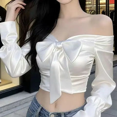 Long-Sleeve Off Shoulder Plain Bow Detail Crop Blouse