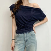 Cap-Sleeve Off-Shoulder Lace Panel Slim Fit Crop T-Shirt