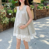 Maternity Sleeveless Square Neck Plaid Frill Trim Tunic / Drawstring Waist Eyelet Lace Wide Leg Shorts