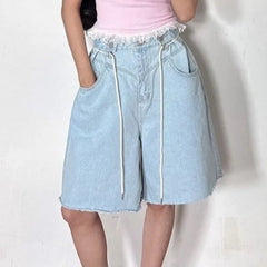 Drawstring Waist Washed Baggy Wide Leg Denim Shorts