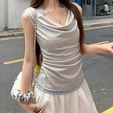 Halter Cowl Neck Striped Mock Two Piece Top