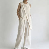 Set: Sleeveless Round Neck Plain Panel Slit Top + High Waist Wide Leg Pants