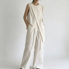Set: Sleeveless Round Neck Plain Panel Slit Top + High Waist Wide Leg Pants