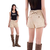 High Waist Plain Buckle-Back Denim Shorts