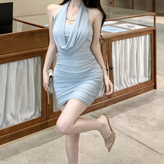 Halter Cowl Neck Plain Ruched Open Back Mini Bodycon Dress