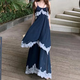 Spaghetti Strap Scoop Neck Lace Trim Maxi A-Line Dress