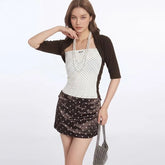 Elbow Sleeve Mock Two Piece Color-Block Polka Dot Slim-Fit Top