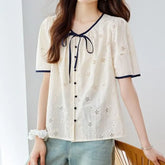 Short-Sleeve Flower Embroidered Bow Blouse