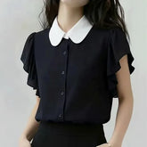 Short-Sleeve Two Tone Ruffle Shirt