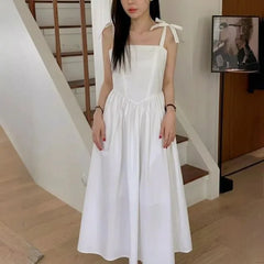 Sleeveless Square Neck Plain Bow Accent Midi A-Line Dress