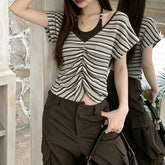 Mock Two-Piece Short-Sleeve Halter Neck Striped Ruched Crop T-Shirt