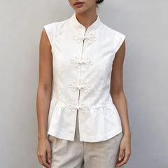 Cap-Sleeve Mandarin Collar Plain Peplum Top