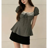 Puff Sleeve Square Neck Lace Panel Tie-Front Slim-Fit Top