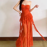 Strapless Sweetheart Neckline Plain Ruffle Trim Ruched Sheer Maxi Bodycon Dress
