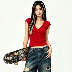 Cap-Sleeve V-Neck Plain T-Shirt