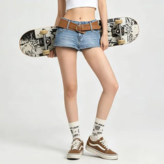 Low Rise Washed Denim Hot Pants