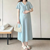 Maternity Short-Sleeve Sailor Collar Plain Fringed Midi A-Line Dress