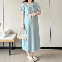 Maternity Short-Sleeve Sailor Collar Plain Fringed Midi A-Line Dress