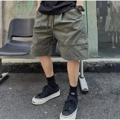 Drawstring Waist Plain Wide Leg Cargo Shorts