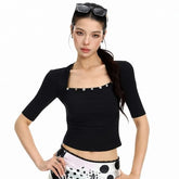 Elbow Sleeve Square Neck Plain Button Embellished Top