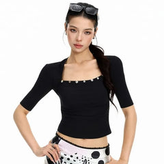 Elbow Sleeve Square Neck Plain Button Embellished Top