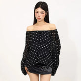 Long Sleeve Off Shoulder Polka Dot Bow Chiffon Top