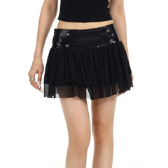 Low Rise Plain Sequin Double Breasted Panel Mesh Mini A-Line Skirt