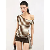 Short Sleeve One Shoulder Striped Cutout Tie-Up Top