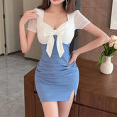 Short Sleeve Square Neck Two Tone Bow Detail Ruched Mini Bodycon Dress