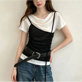 Short Sleeve Mock Two Piece Cowl Neck Color-Block Slim-Fit Top