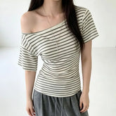 Short-Sleeve Off Shoulder Striped Ruched T-Shirt