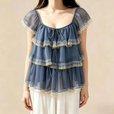 Cap-Sleeve Square Neck Lace Trim Tiered Ruffle Sheer Blouse