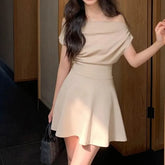 Short-Sleeve Off Shoulder Plain Mini A-Line Dress