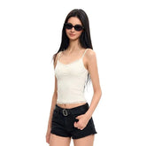 V-Neck Lace Trim Plain Crop Camisole Top