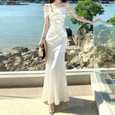 Short-Sleeve Off Shoulder Plain Ruched Maxi A-Line Dress