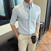 Elbow-Sleeve Button-Up Plain Shirt