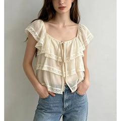 Cap Sleeve Square-Neck Tie-Front Lace-Trim Tiered Loose-Fit Blouse