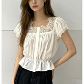 Puff Sleeve Square-Neck Lace Panel Plain Slim-Fit Blouse