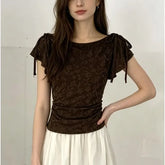 Cap Sleeve Boat Neck Plain Lace Slim-Fit Top