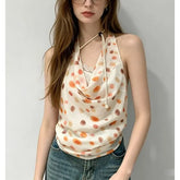 Cowl Neck Polka Dot Sheer Slim-Fit Tank Top
