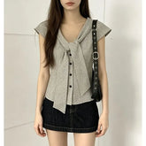 Cap Sleeve V-Neck Tie-Front Gingham Slim-Fit Shirt