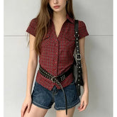 Short Sleeve V-Neck Plaid Slim-Fit Shirt / Polka Dot Shirt