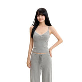 V-Neck Lace Trim Slim Fit Crop Camisole Top / Drawstring Waist Plain Wide Leg Pants