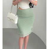 High Waist Plain Sheer Ruffled-Trim Mini Pencil Skirt