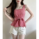 Square-Neck Gingham Tie-Waist Peplum Tank Top