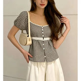 Short Sleeve Square Neck Lace Panel Slim-Fit Blouse
