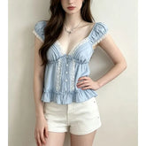 Cap Sleeve V-Neck Lace-Trim Ruffled-Hem Slim-Fit Blouse
