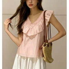 V-Neck Ruffled-Trim Plain Sheer Loose-Fit Tank Top